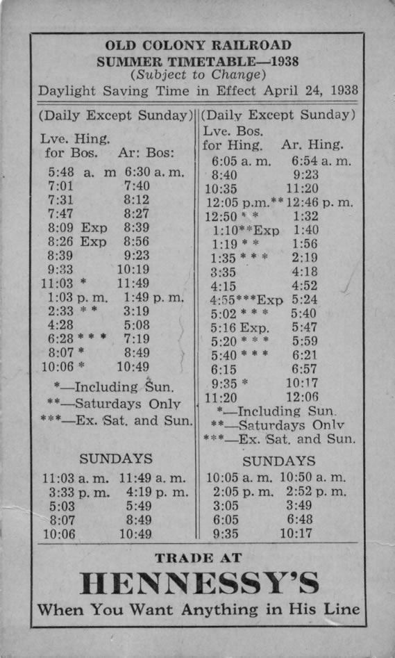 Old Colony Railroad Summer Timetable 1938